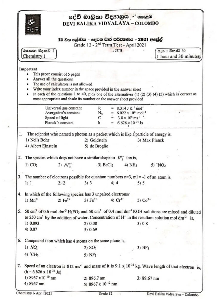 grade 12 chemistry second term test papers with answers term 2